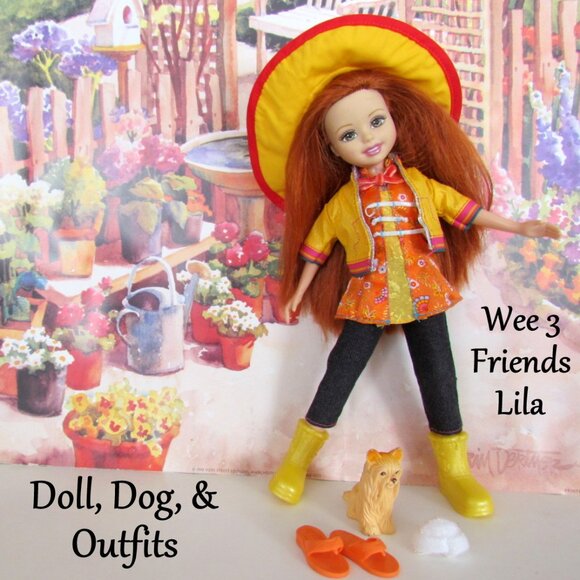 WEE 3 FRIENDS DOLL, REDHEAD LILA w DOG, DRESS, BOOTS, HAT, FLIP-FLOPS, LEGGINGS - Picture 1 of 7